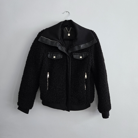 Black Sherpa Jacket with Leather Accents - Picture 2 of 12